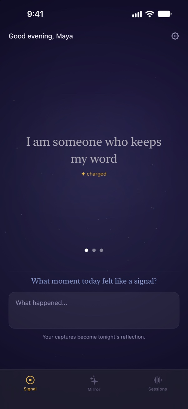 Just Become home screen with the statement “I am someone who keeps my word” over an evening sky