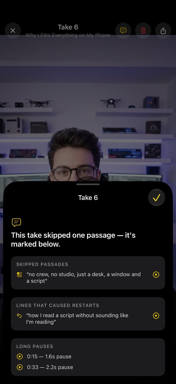 A Take Report marking a skipped passage, the lines that caused restarts and long pauses