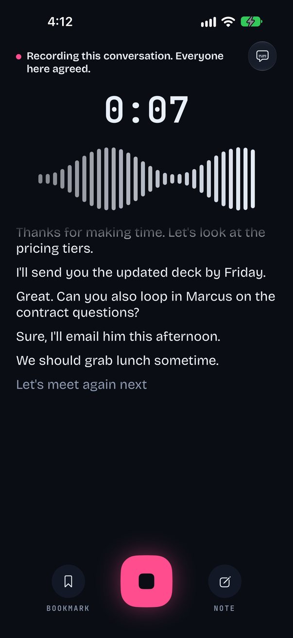 Just Said recording: a timer, the live transcript and the consent line