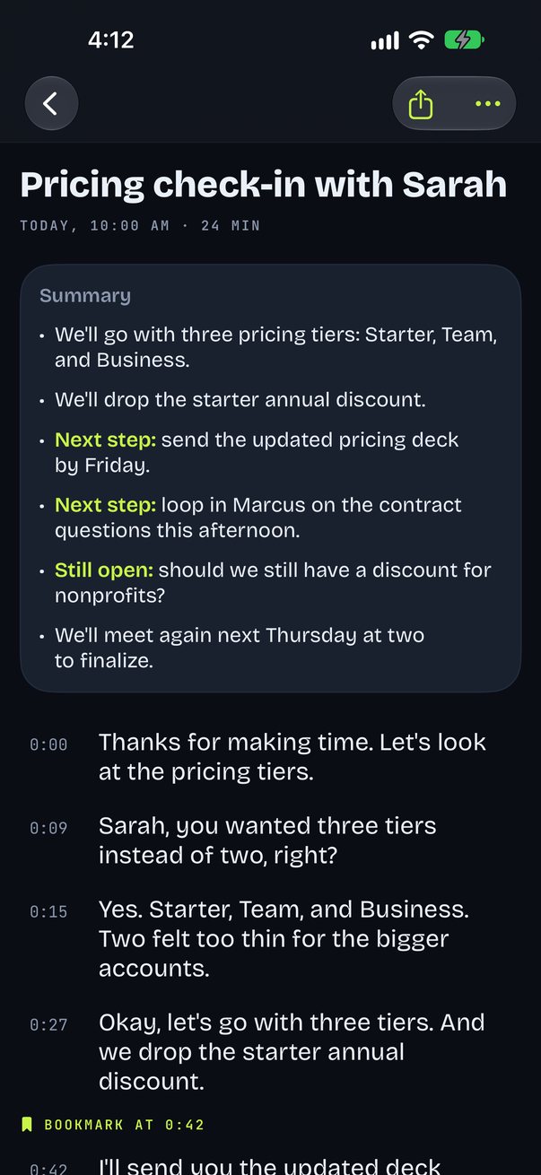 A meeting opened with its summary on top: decisions, next steps and what is still open