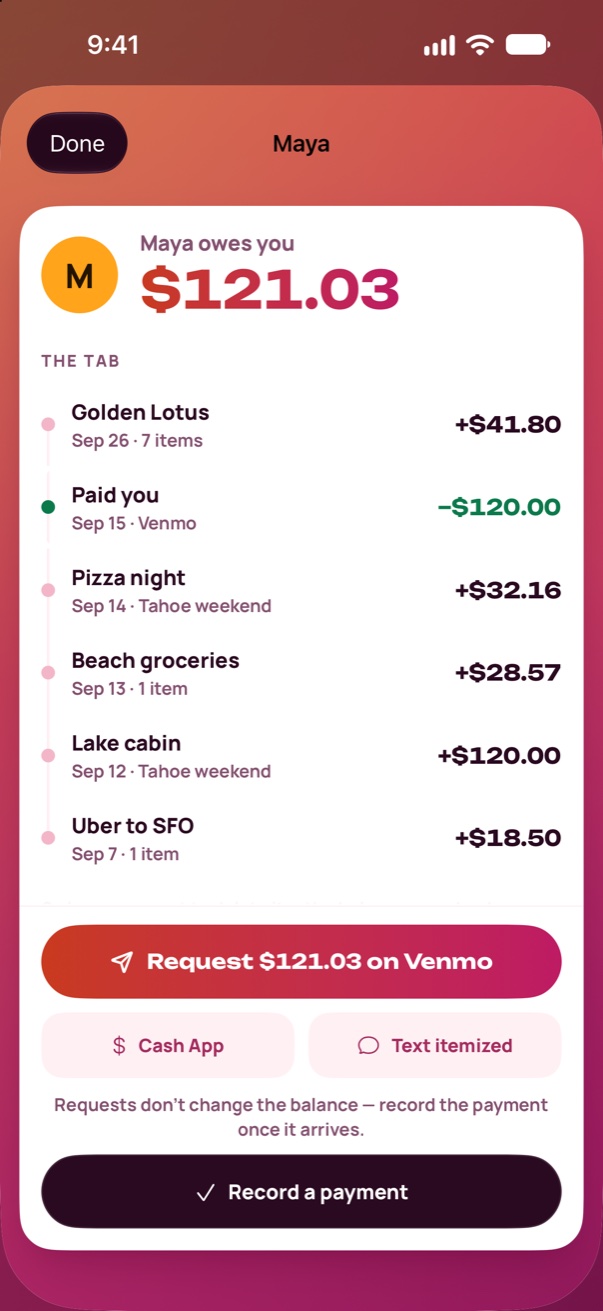 One person’s tab across several bills with a single Venmo request for the total