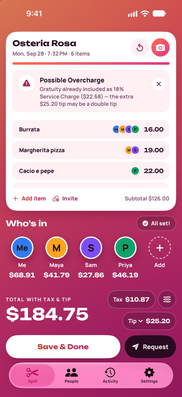 A scanned restaurant bill flagged for a possible double tip