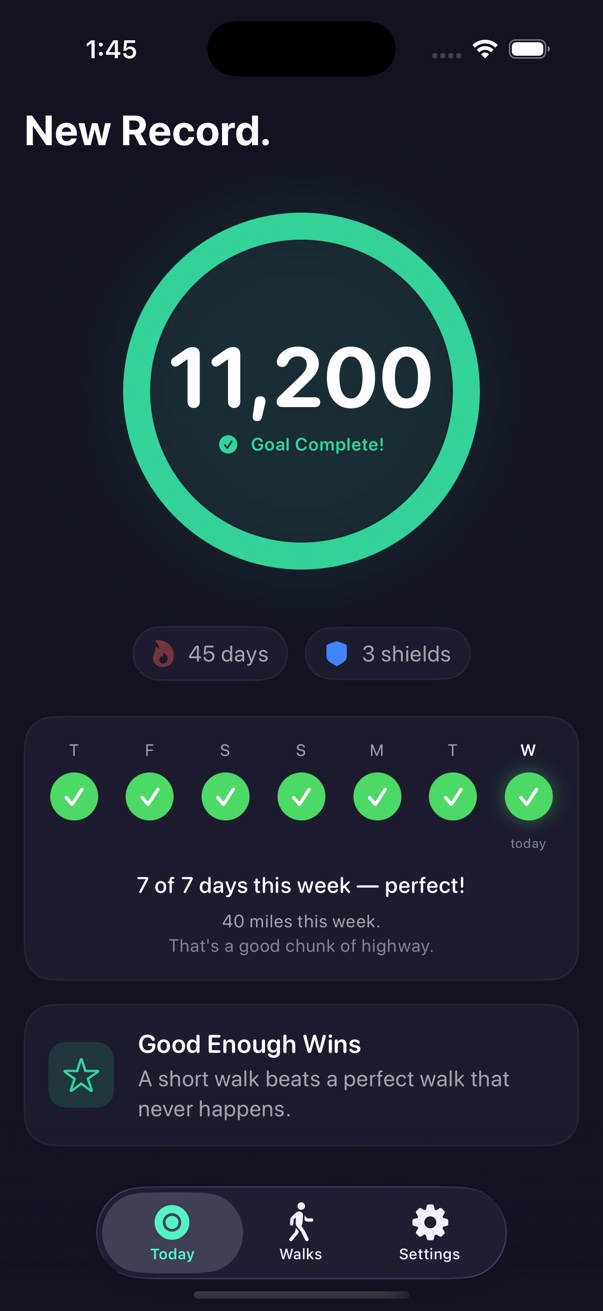 Just Walk Today screen showing 11,200 steps and a 45-day streak