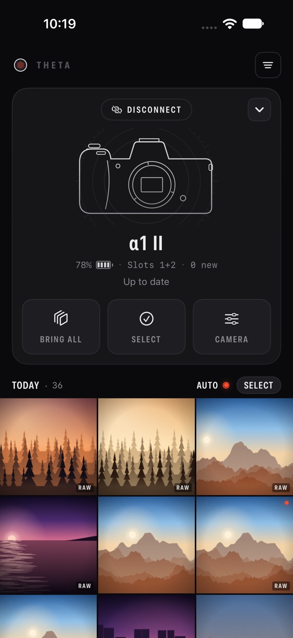 Theta expanded camera panel with Bring all, Select and Camera tiles