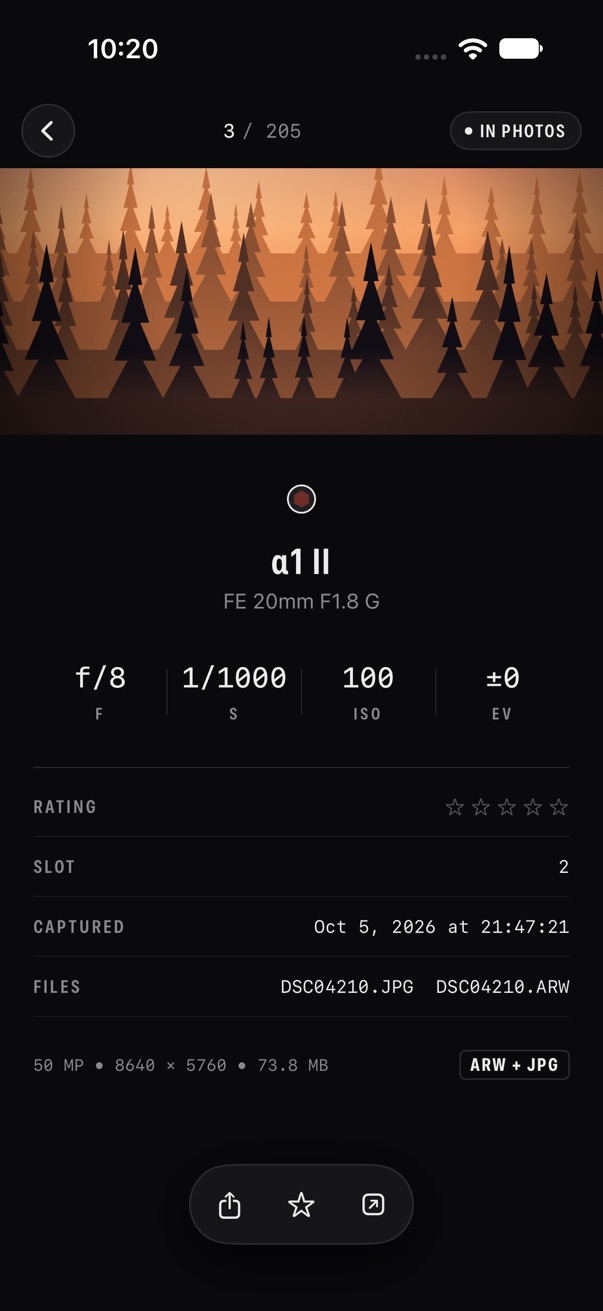 Theta photo viewer showing the lens, aperture, shutter, ISO and exposure, with JPG and ARW files